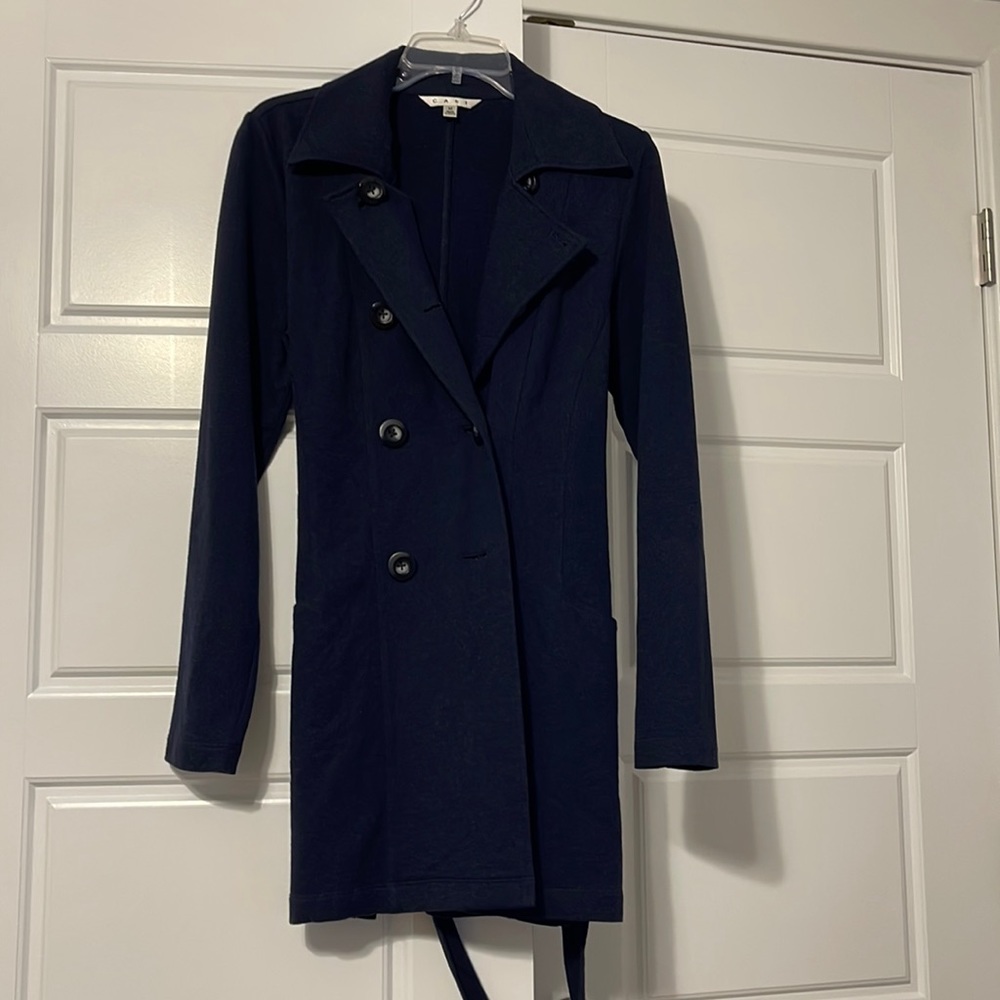 CAbi 151 Medium Blue Jacket, double breasted all day trench coat Ponte Knit